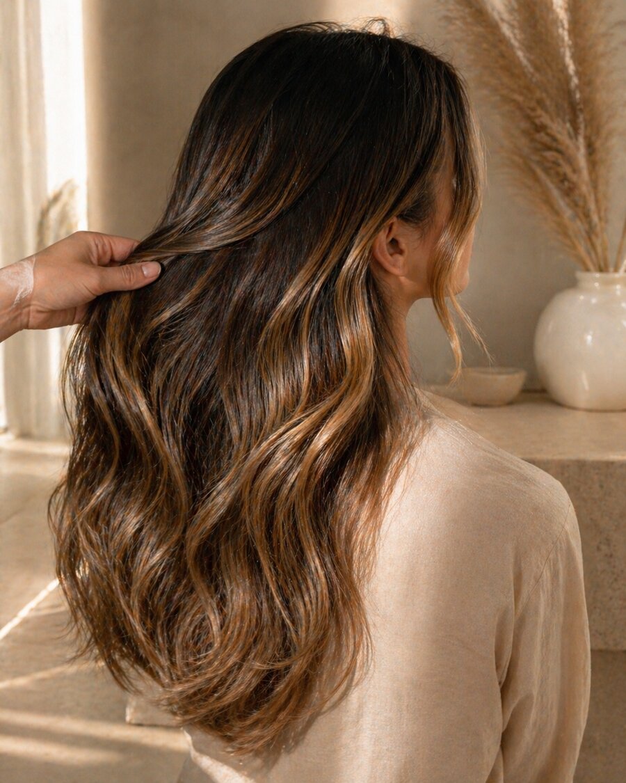 Resultado de balayage castaño con reflejos cálidos en cabello largo